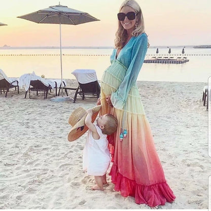 Rainbow Deep V Long Sleeve Gradient Vacation Maxi Dresses