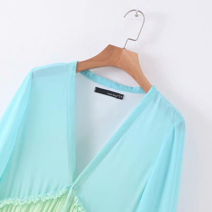 Rainbow Deep V Long Sleeve Gradient Vacation Maxi Dresses