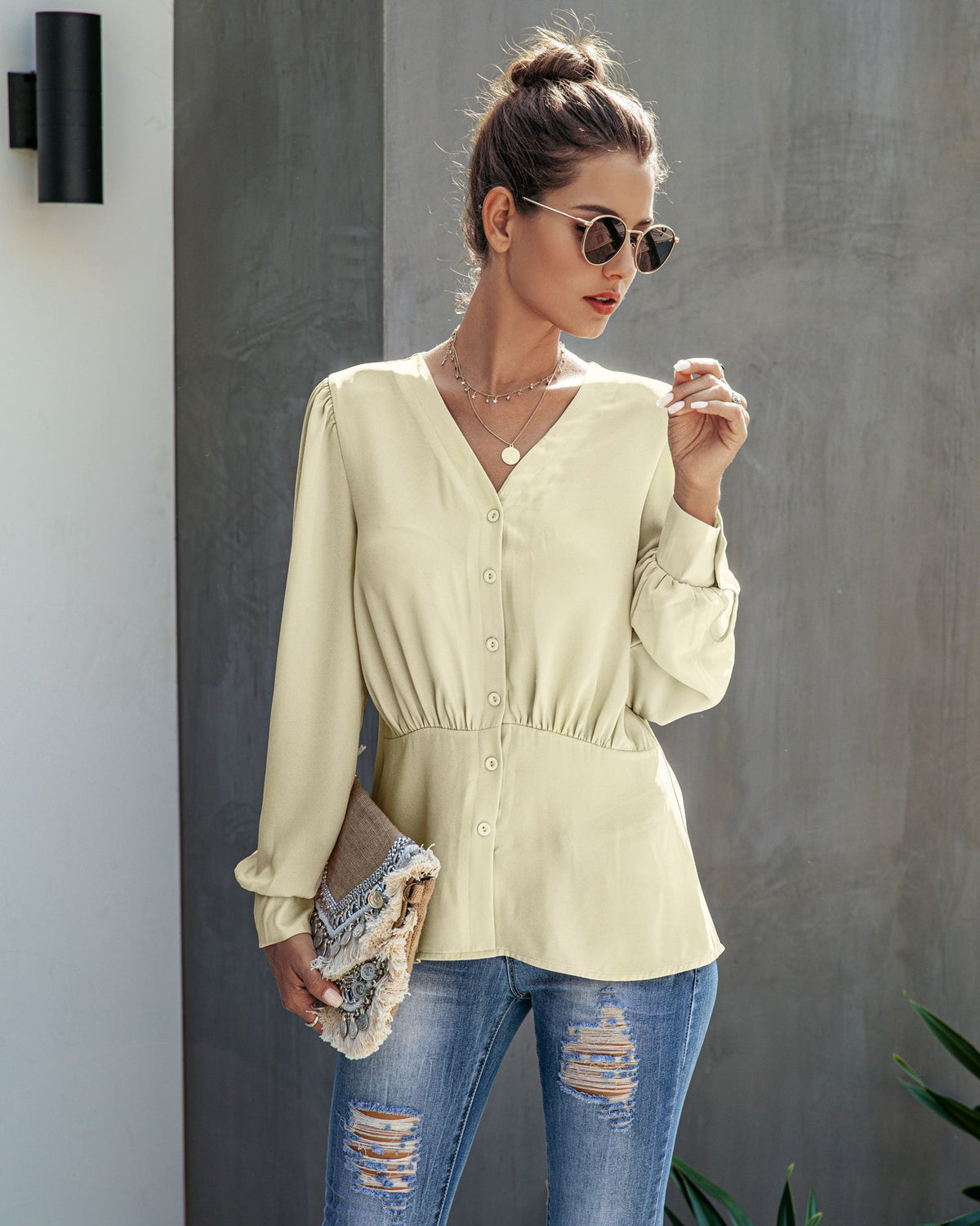 Single-breasted V-neck Long Sleeve Shirt