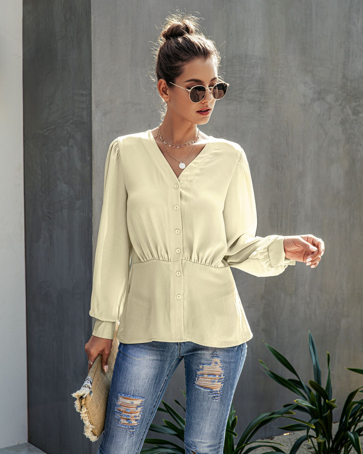 Single-breasted V-neck Long Sleeve Shirt
