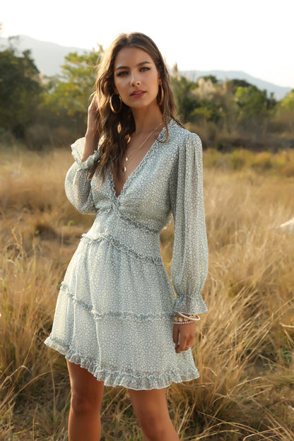 Sexy V-neck Backless Floral Bubble Layered Mini Dresses
