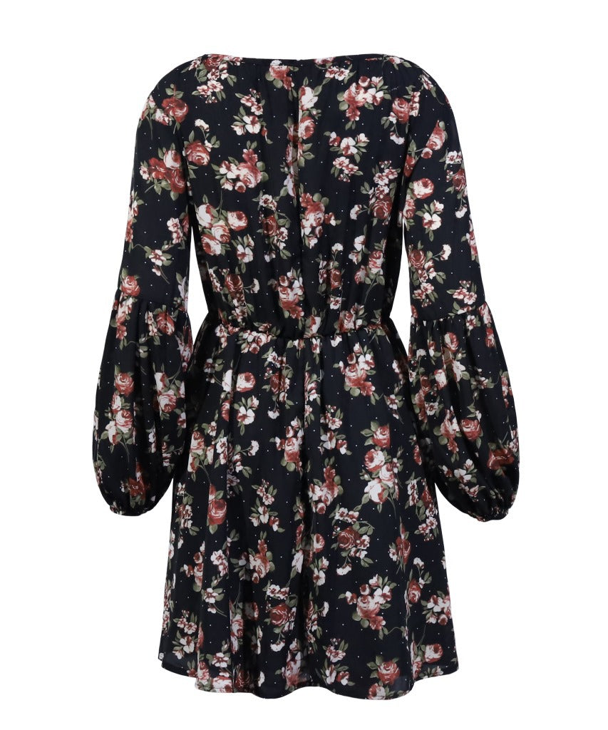 V-neck Lace-up Polka Dot Bubble Lantern Sleeve Flower Dress