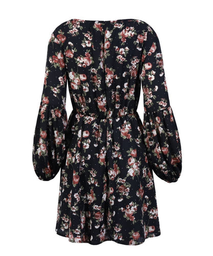 V-neck Lace-up Polka Dot Bubble Lantern Sleeve Flower Dress