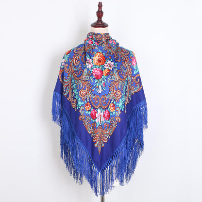 Ethnic Retro Flower Square Scarf Muslim Shawl Fringed Scarves for Women Ladies Girls