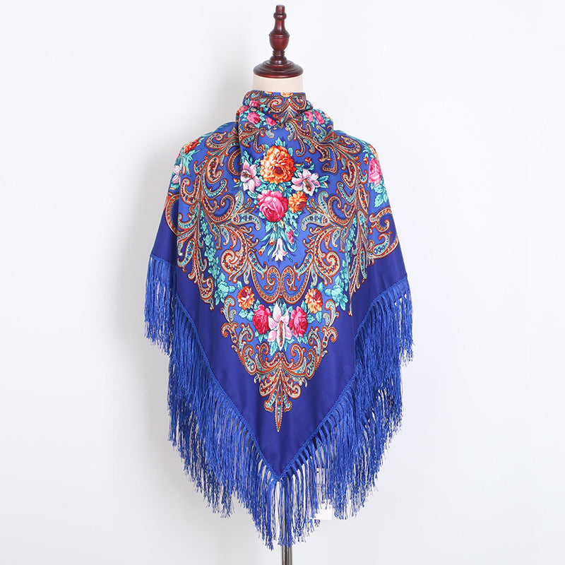 Ethnic Retro Flower Square Scarf Muslim Shawl Fringed Scarves for Women Ladies Girls