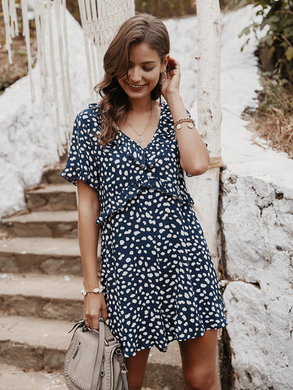 V-neck Printed Floral Jumpsuit Lotus Sleeve Rompers