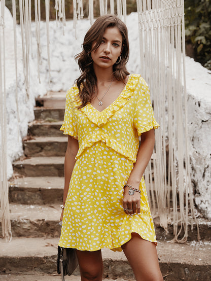 V-neck Printed Floral Jumpsuit Lotus Sleeve Rompers