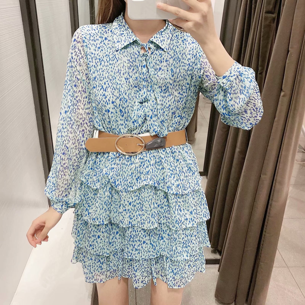 Ruffled Flounces Lace-up Pile Collar Pleated Belt Floral Mini Dress