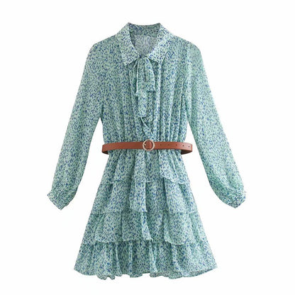Ruffled Flounces Lace-up Pile Collar Pleated Belt Floral Mini Dress