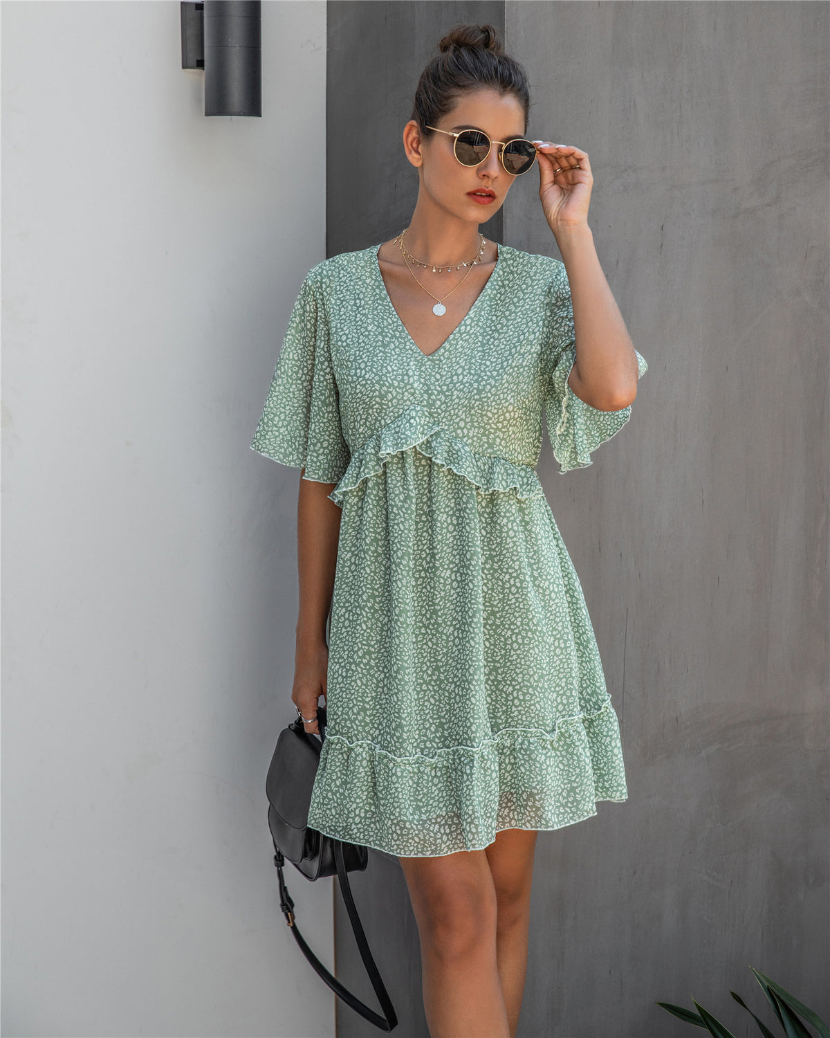 V-neck 1/2 Sleeve Printed Ruffled Mini Dress
