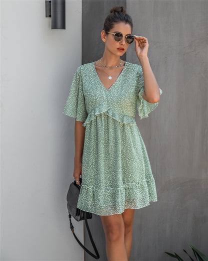 V-neck 1/2 Sleeve Printed Ruffled Mini Dress