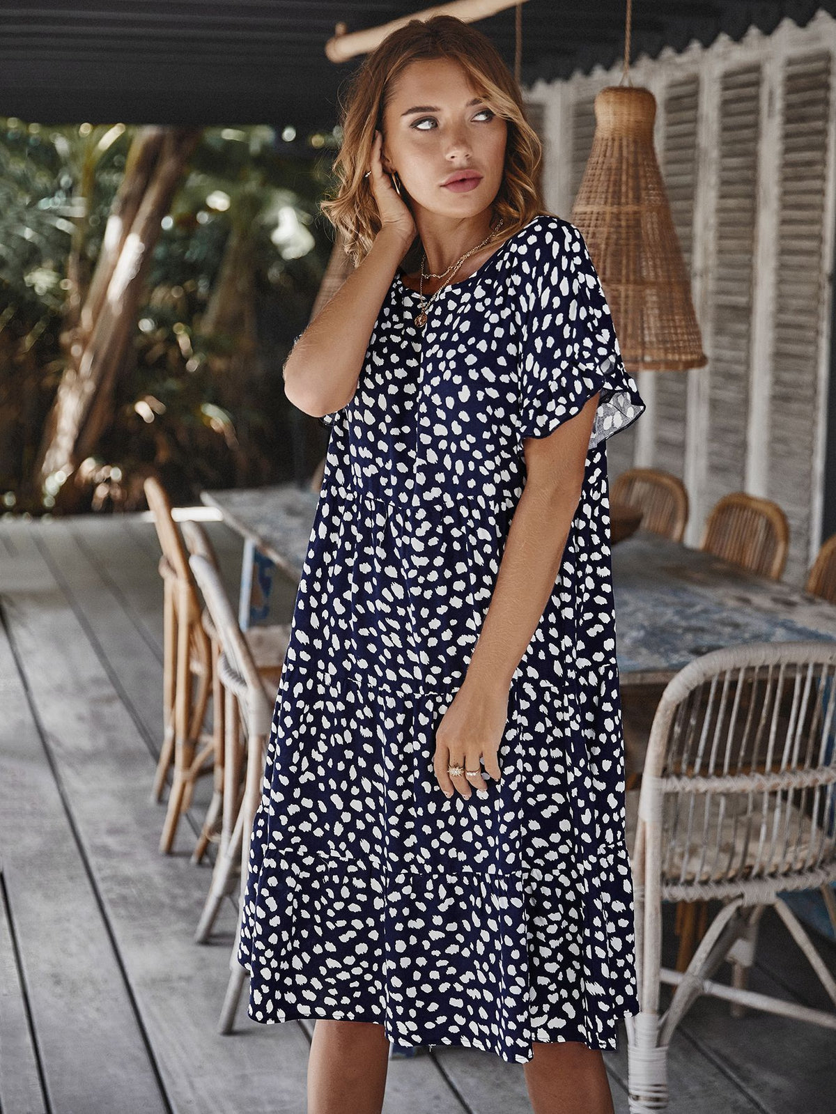 Round Neck Lotus Sleeve Polka Dot Maxi Dress