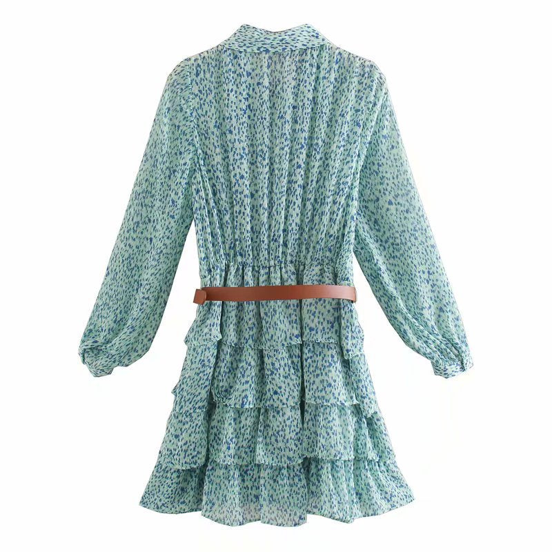 Ruffled Flounces Lace-up Pile Collar Pleated Belt Floral Mini Dress