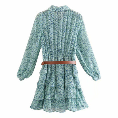 Ruffled Flounces Lace-up Pile Collar Pleated Belt Floral Mini Dress
