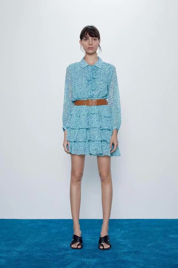 Ruffled Flounces Lace-up Pile Collar Pleated Belt Floral Mini Dress