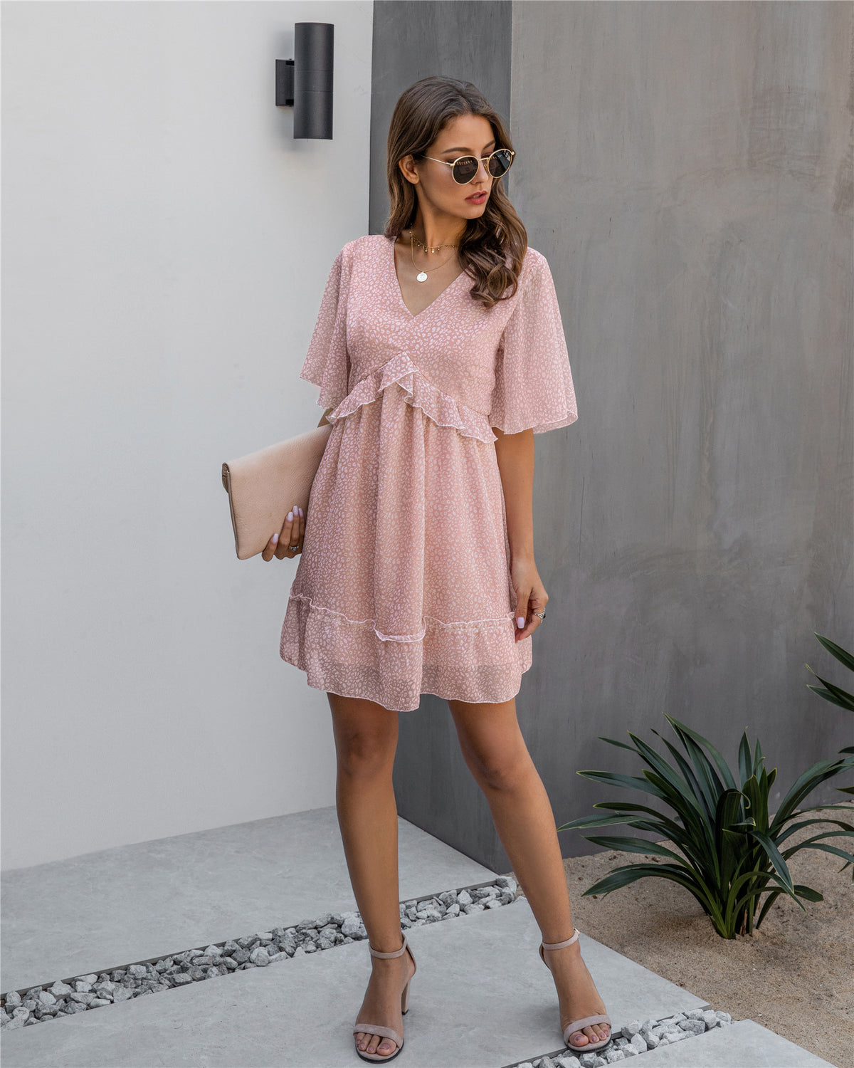 V-neck 1/2 Sleeve Printed Ruffled Mini Dress