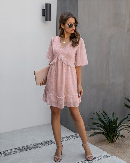 V-neck 1/2 Sleeve Printed Ruffled Mini Dress