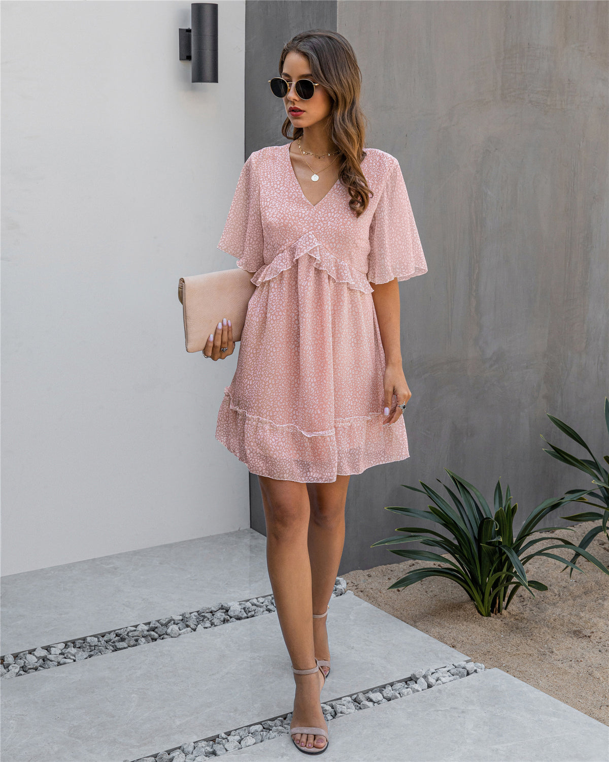V-neck 1/2 Sleeve Printed Ruffled Mini Dress