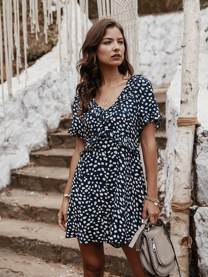 V-neck Printed Floral Jumpsuit Lotus Sleeve Rompers