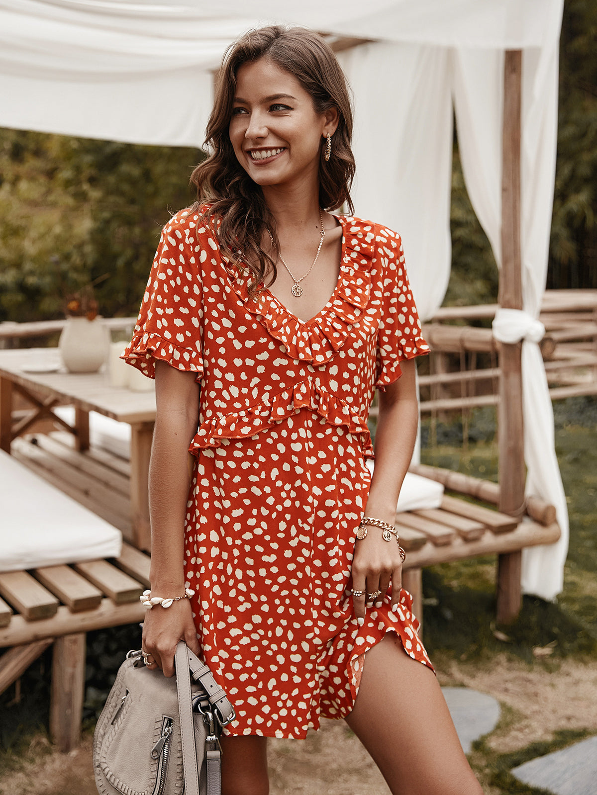 V-neck Printed Floral Jumpsuit Lotus Sleeve Rompers