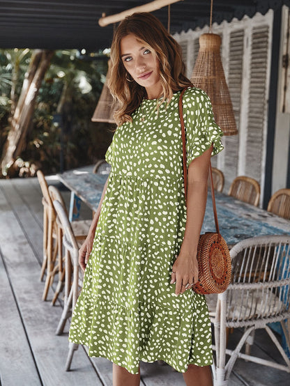 Round Neck Lotus Sleeve Polka Dot Maxi Dress