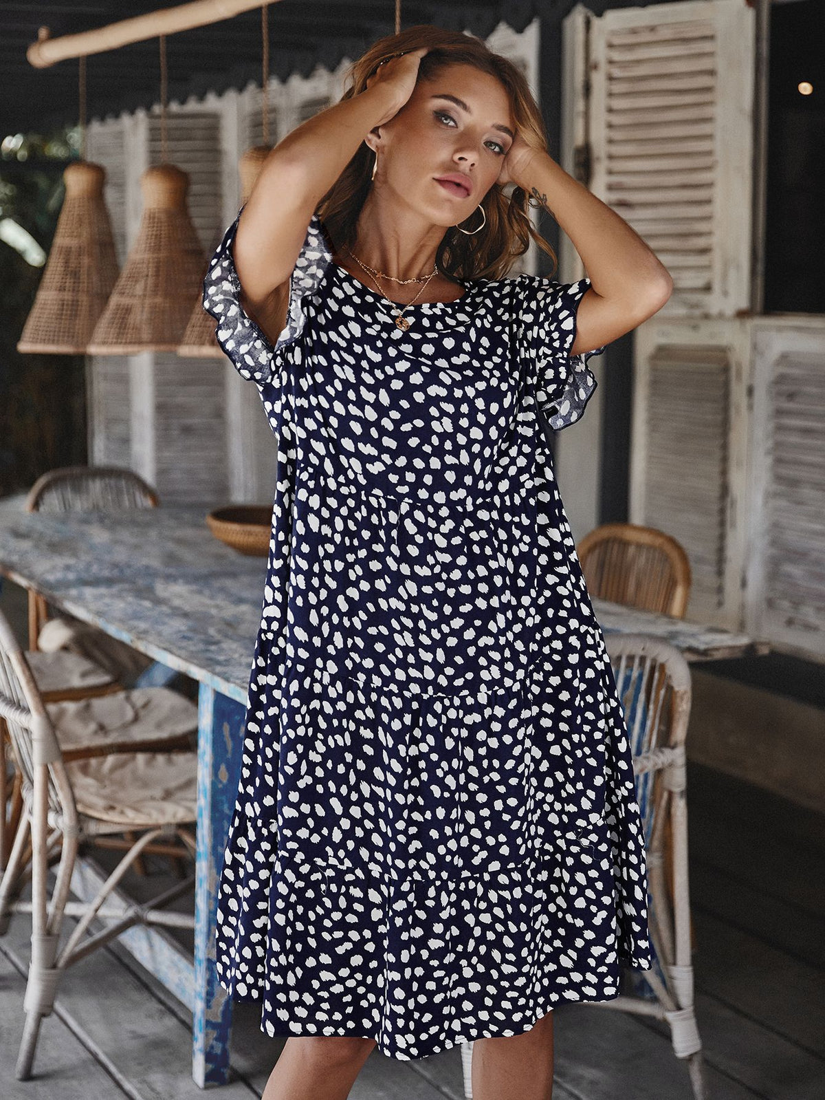 Round Neck Lotus Sleeve Polka Dot Maxi Dress