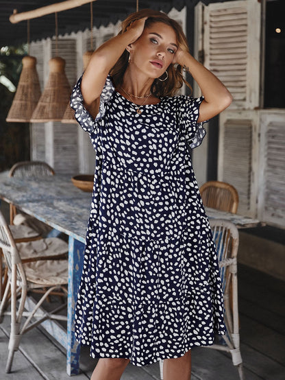 Round Neck Lotus Sleeve Polka Dot Maxi Dress