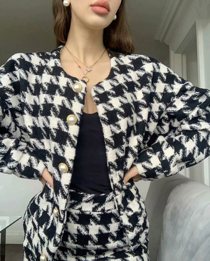 Houndstooth Beaded Buckle Long Sleeve Short Jacket Skirt Dress Suit