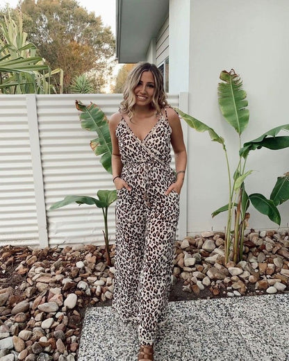 Leopard Print Suspenders Jumpsuit Lace-up Rompers Wide Leg Pants