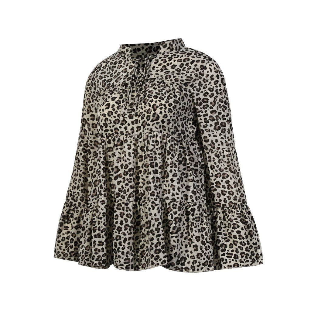 Leopard Print Lace-up Blouse Flared Sleeves Shirt