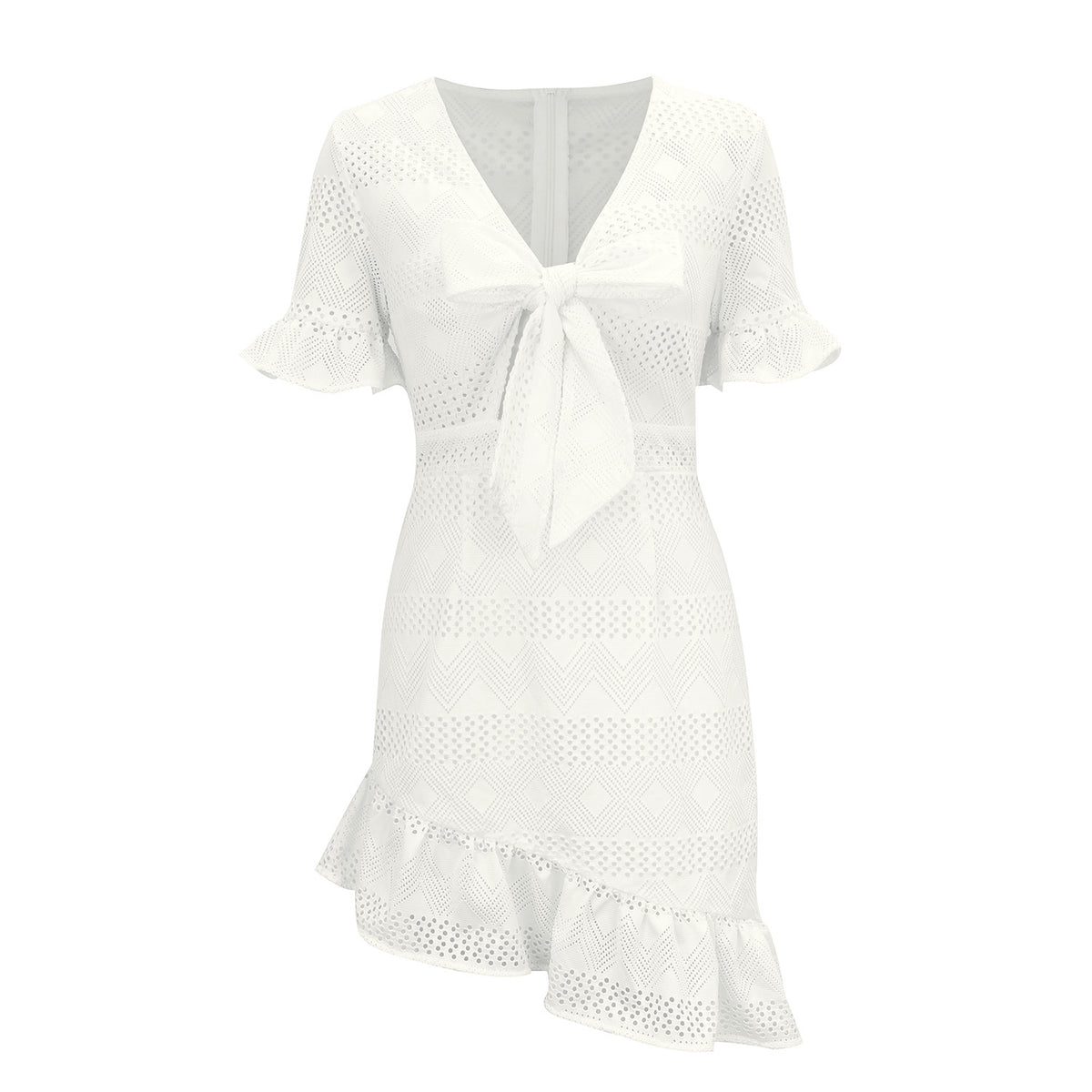 Lace Hollowed-out V-neck Bow Irregular Hem Mini Dresses