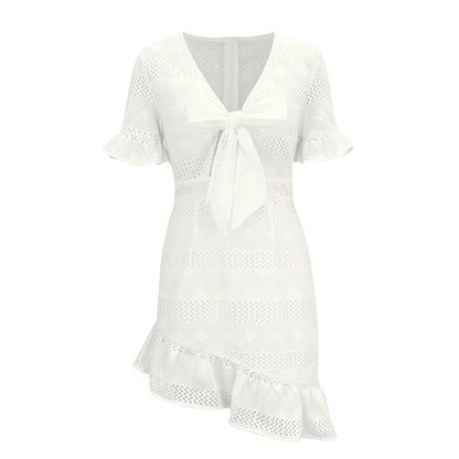 Lace Hollowed-out V-neck Bow Irregular Hem Mini Dresses