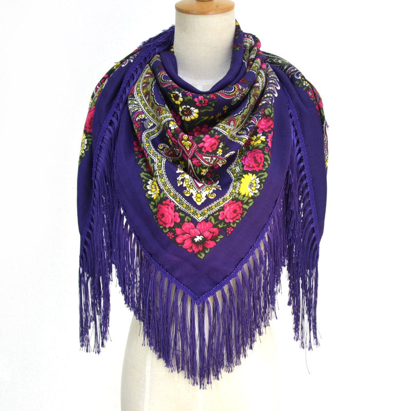 Ethnic Flower Print Square Scarf Shawl Fringed Scarves for Women Ladies Girls