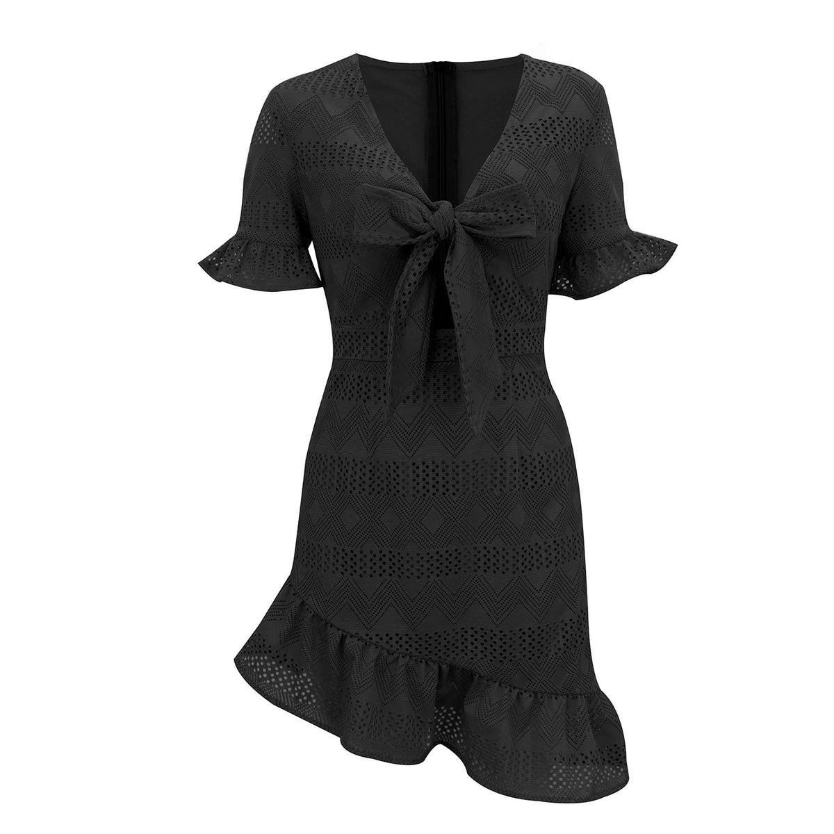 Lace Hollowed-out V-neck Bow Irregular Hem Mini Dresses