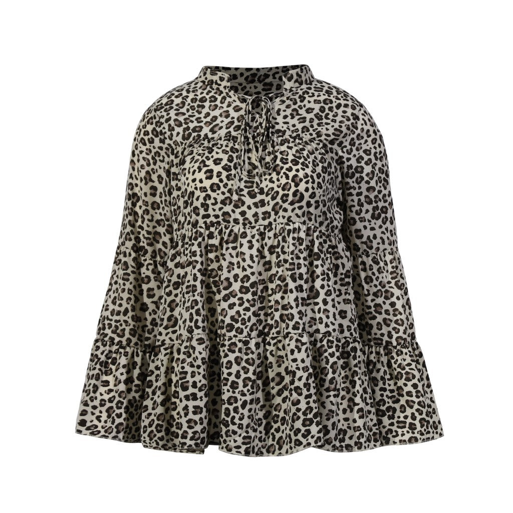 Leopard Print Lace-up Blouse Flared Sleeves Shirt