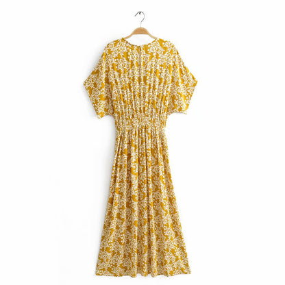 Batwing Sleeve V-neck Split Floral Maxi Dresses