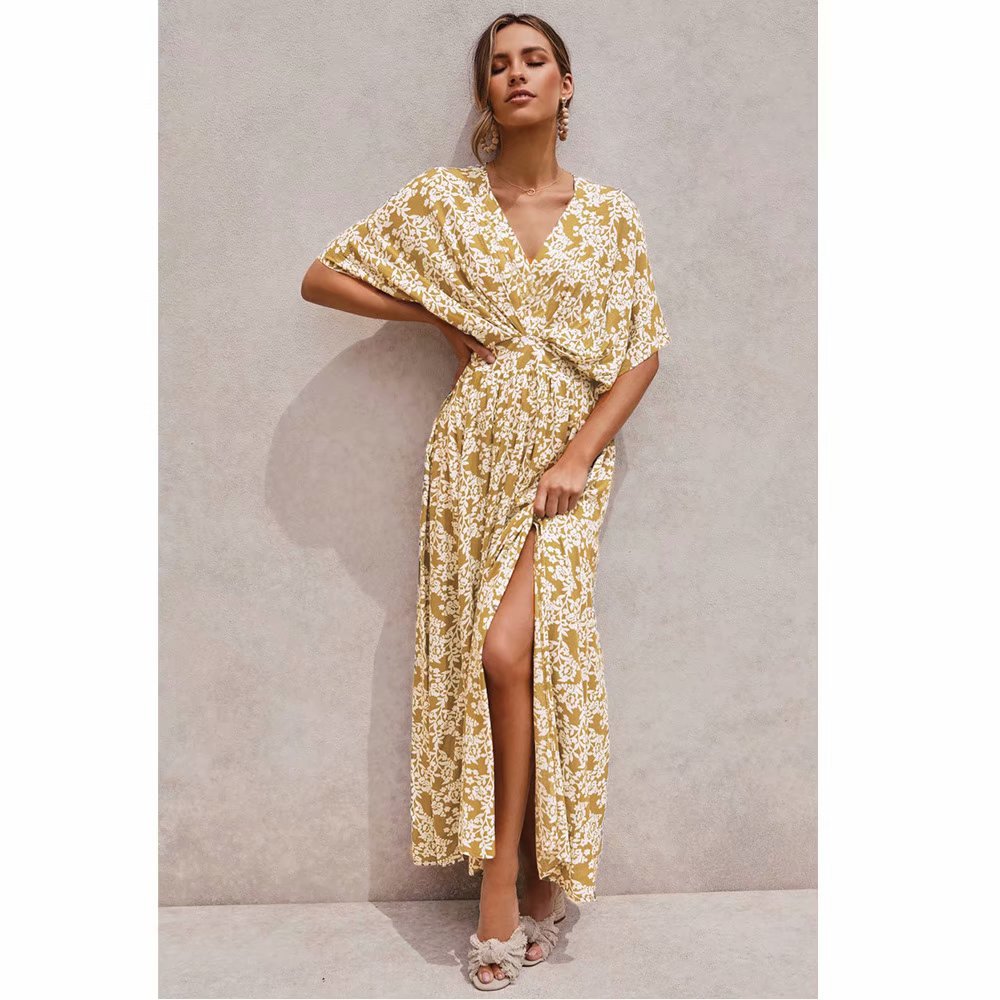 Batwing Sleeve V-neck Split Floral Maxi Dresses