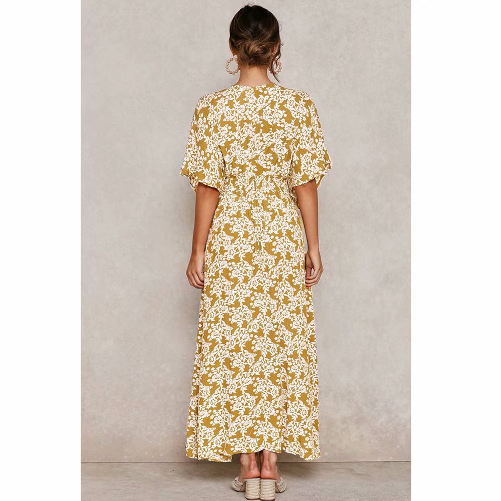 Batwing Sleeve V-neck Split Floral Maxi Dresses
