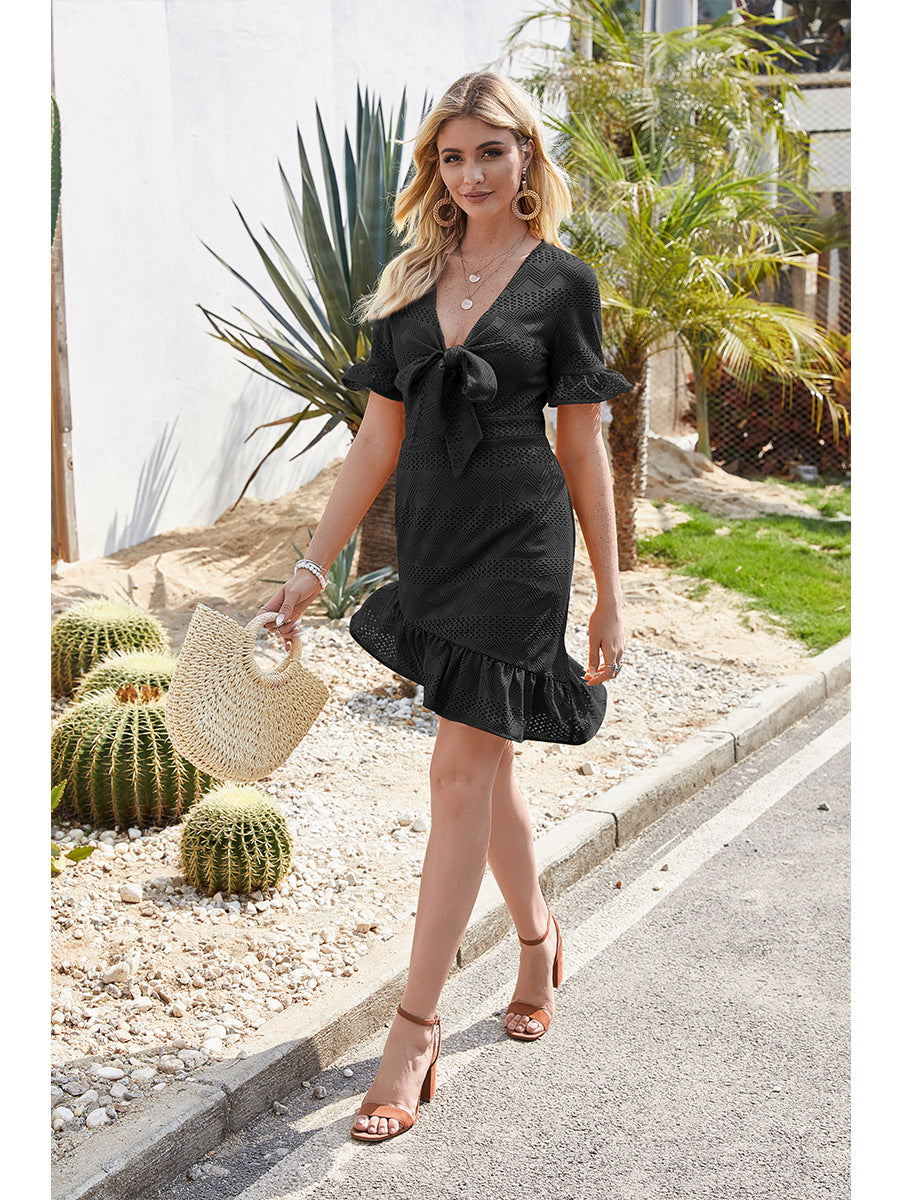 Lace Hollowed-out V-neck Bow Irregular Hem Mini Dresses