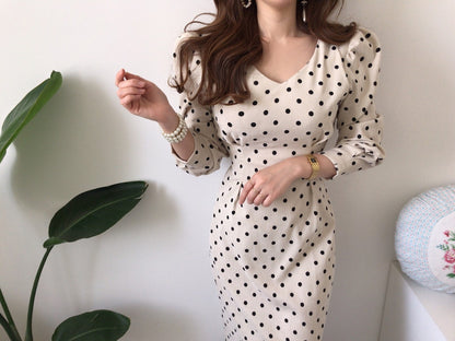 V-neck Corduroy Bodycon Polka Dot Lace-up Midi Dresses