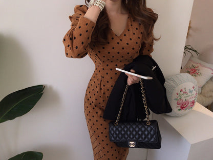 V-neck Corduroy Bodycon Polka Dot Lace-up Midi Dresses