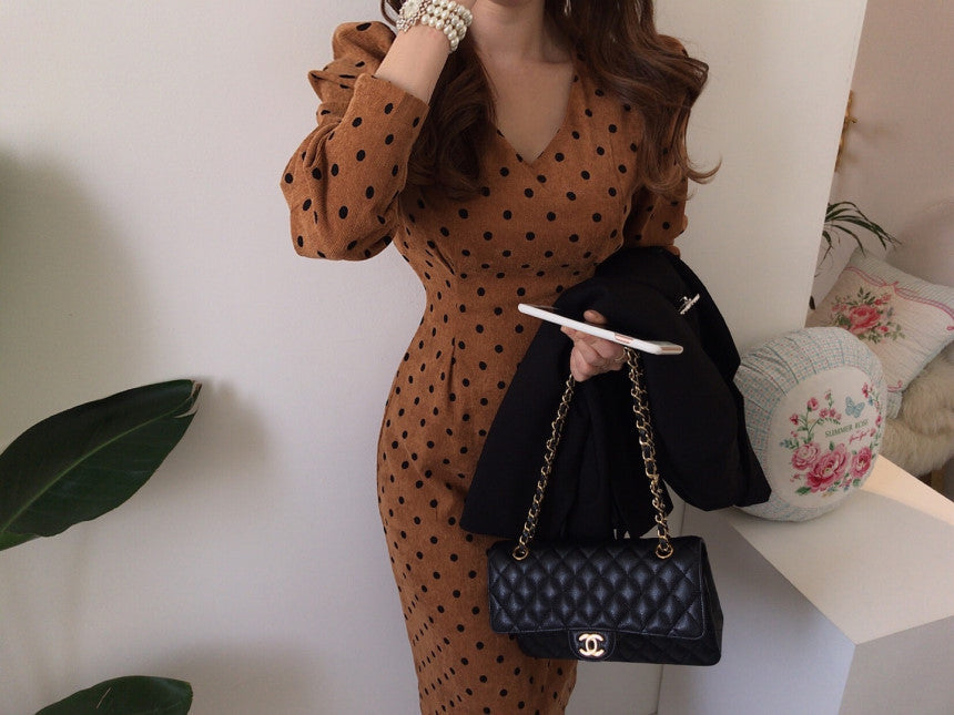 V-neck Corduroy Bodycon Polka Dot Lace-up Midi Dresses