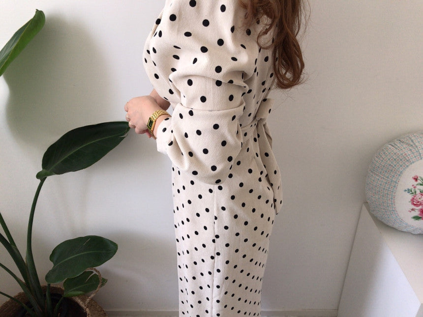 V-neck Corduroy Bodycon Polka Dot Lace-up Midi Dresses
