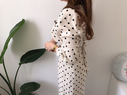 V-neck Corduroy Bodycon Polka Dot Lace-up Midi Dresses