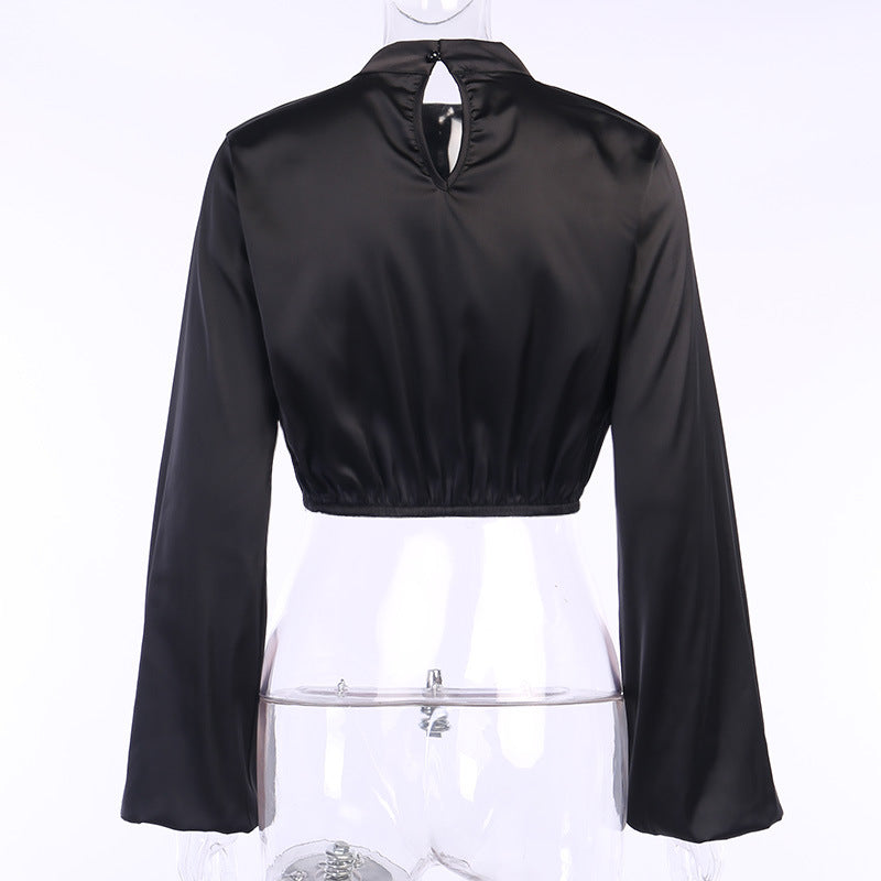 Flared Sleeve Satin Short Tops High Collar