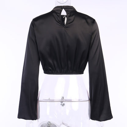 Flared Sleeve Satin Short Tops High Collar