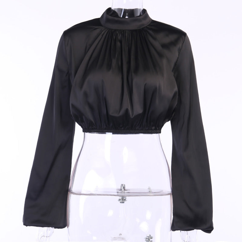 Flared Sleeve Satin Short Tops High Collar