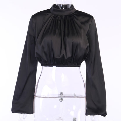 Flared Sleeve Satin Short Tops High Collar