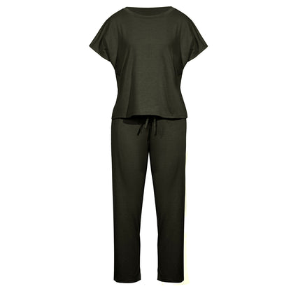 Round Collar Lace-up Short Sleeve Casual Two-piece Sport Set Home Workout Fitness S to XXXL Plus