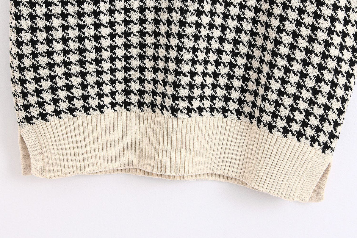 Houndstooth V-neck Knitted Vest Sweaters